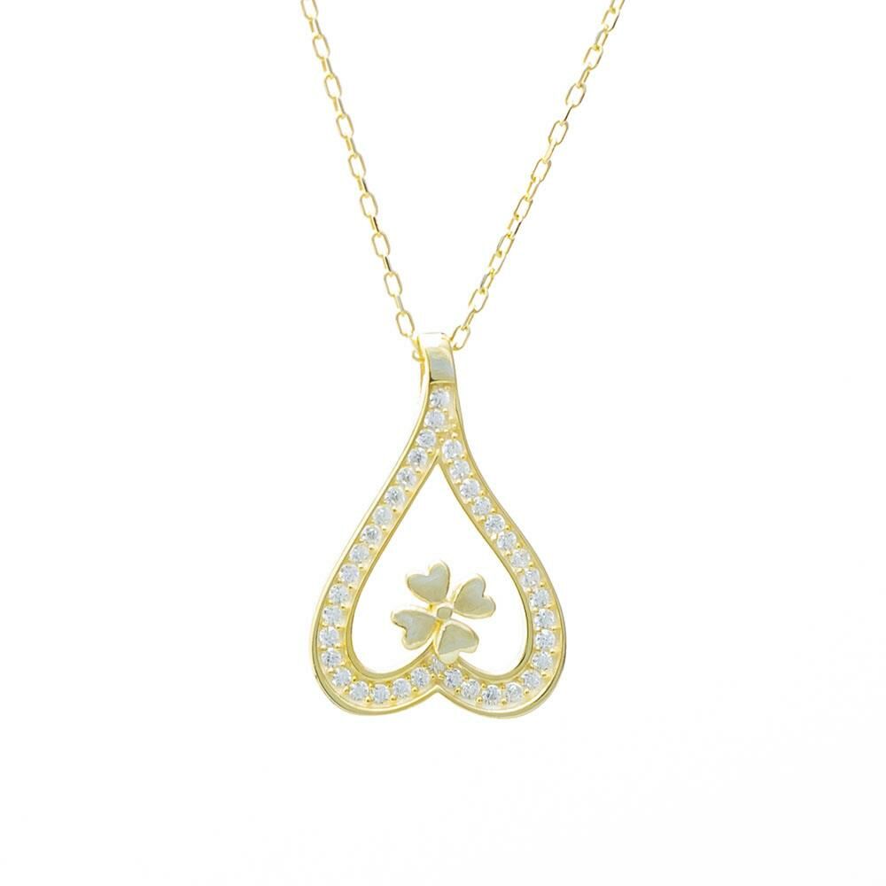 Yonca Model Zirkon Taşlı 925 Ayar Gümüş Sarı Gold Rengi Kadın Kolye