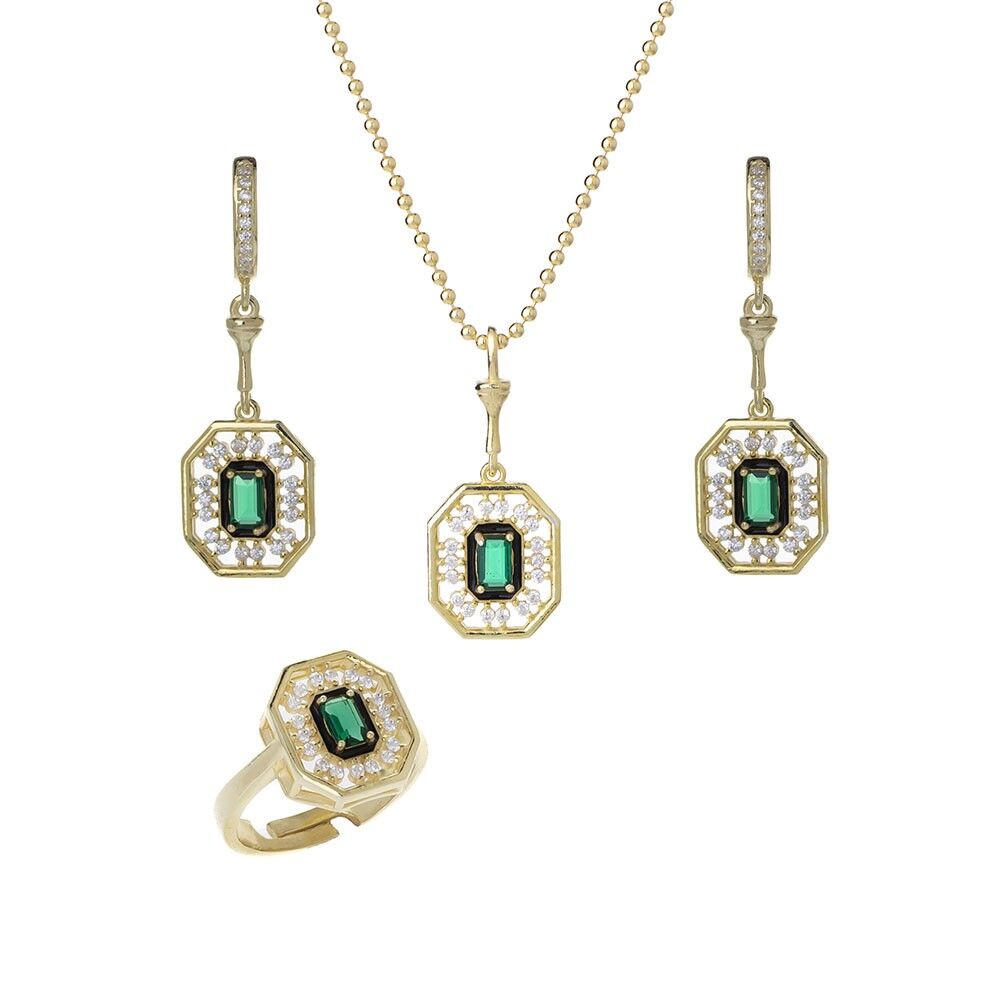 Yeşil Zirkon Taşlı Gold Rengi 925 Ayar Gümüş Kadın 3'lü Set
