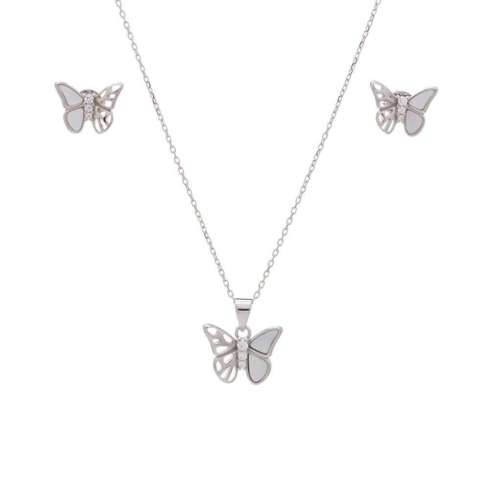Kelebek Model Sedef Taşlı 925 Ayar Gümüş Kadın 2'li Set