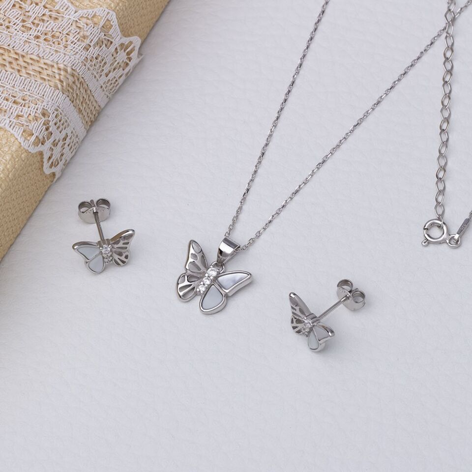 Kelebek Model Sedef Taşlı 925 Ayar Gümüş Kadın 2'li Set