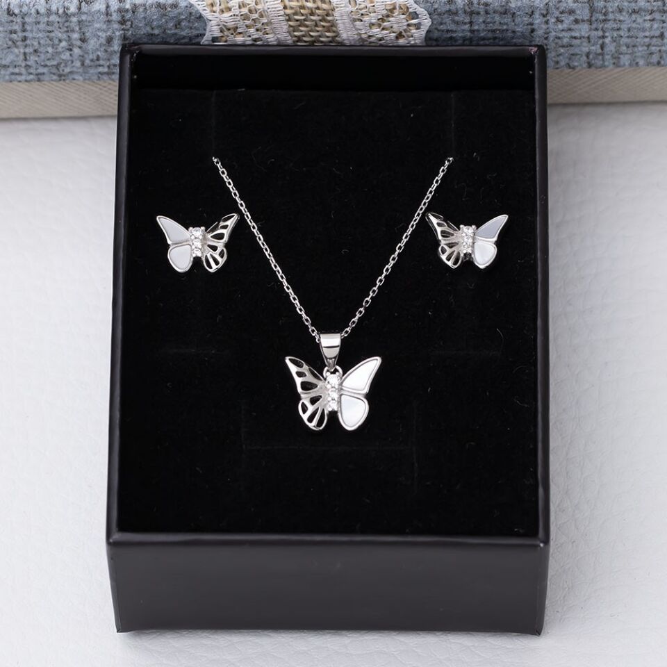 Kelebek Model Sedef Taşlı 925 Ayar Gümüş Kadın 2'li Set