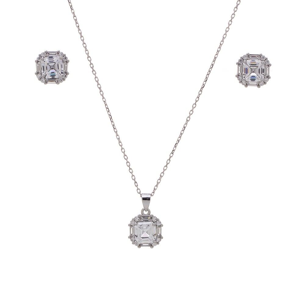 6 mm Kare Zirkon Taşlı 925 Ayar Gümüş Kadın 2'li Set