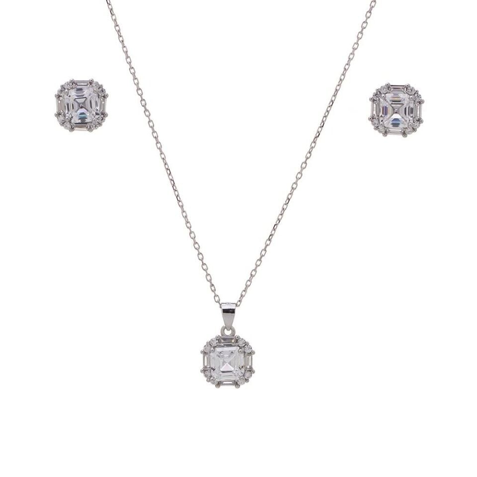 6 mm Kare Zirkon Taşlı 925 Ayar Gümüş Kadın 2'li Set