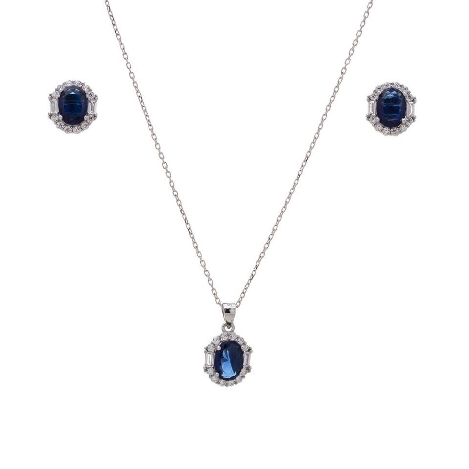 5-8 mm Lacivert Oval Zirkon Taşlı 925 Ayar Gümüş Kadın 2'li Set
