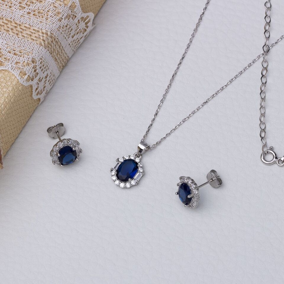 5-8 mm Lacivert Oval Zirkon Taşlı 925 Ayar Gümüş Kadın 2'li Set