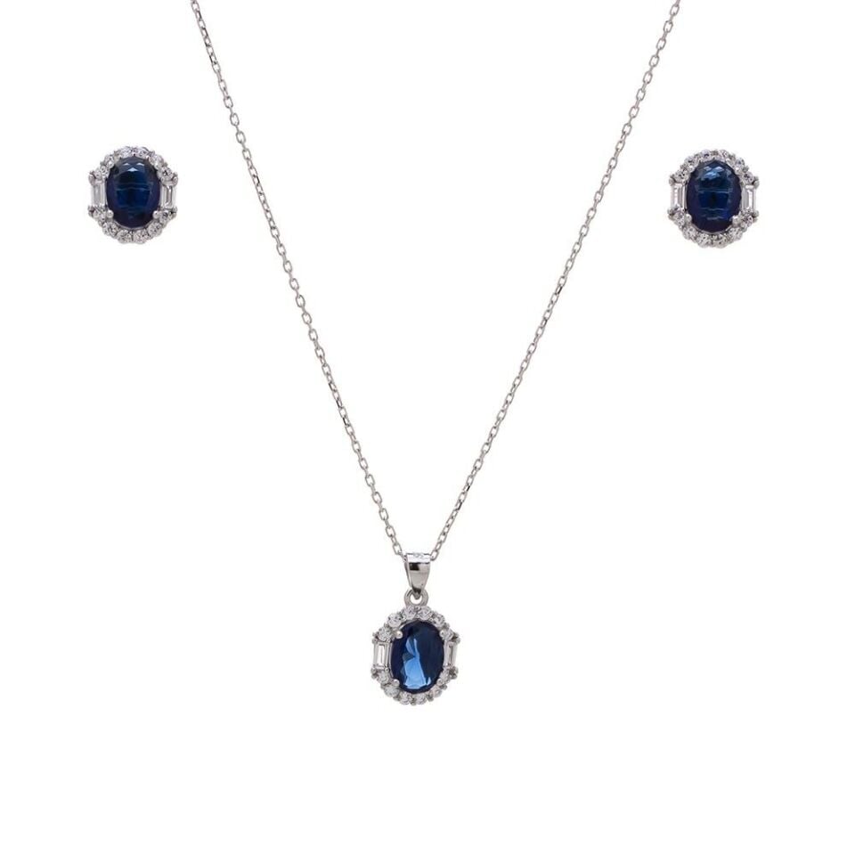 5-8 mm Lacivert Oval Zirkon Taşlı 925 Ayar Gümüş Kadın 2'li Set