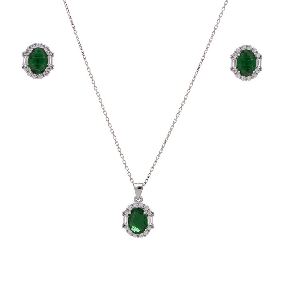 5-8 mm Yeşil Oval Zirkon Taşlı 925 Ayar Gümüş Kadın 2'li Set