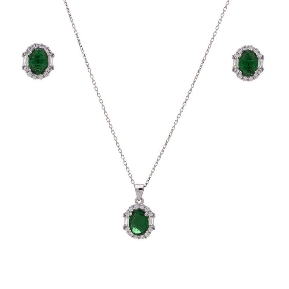 5-8 mm Yeşil Oval Zirkon Taşlı 925 Ayar Gümüş Kadın 2'li Set