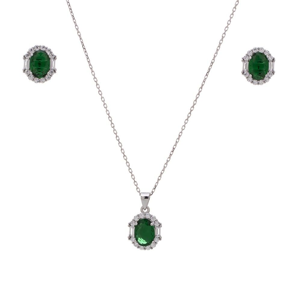 5-8 mm Yeşil Oval Zirkon Taşlı 925 Ayar Gümüş Kadın 2'li Set