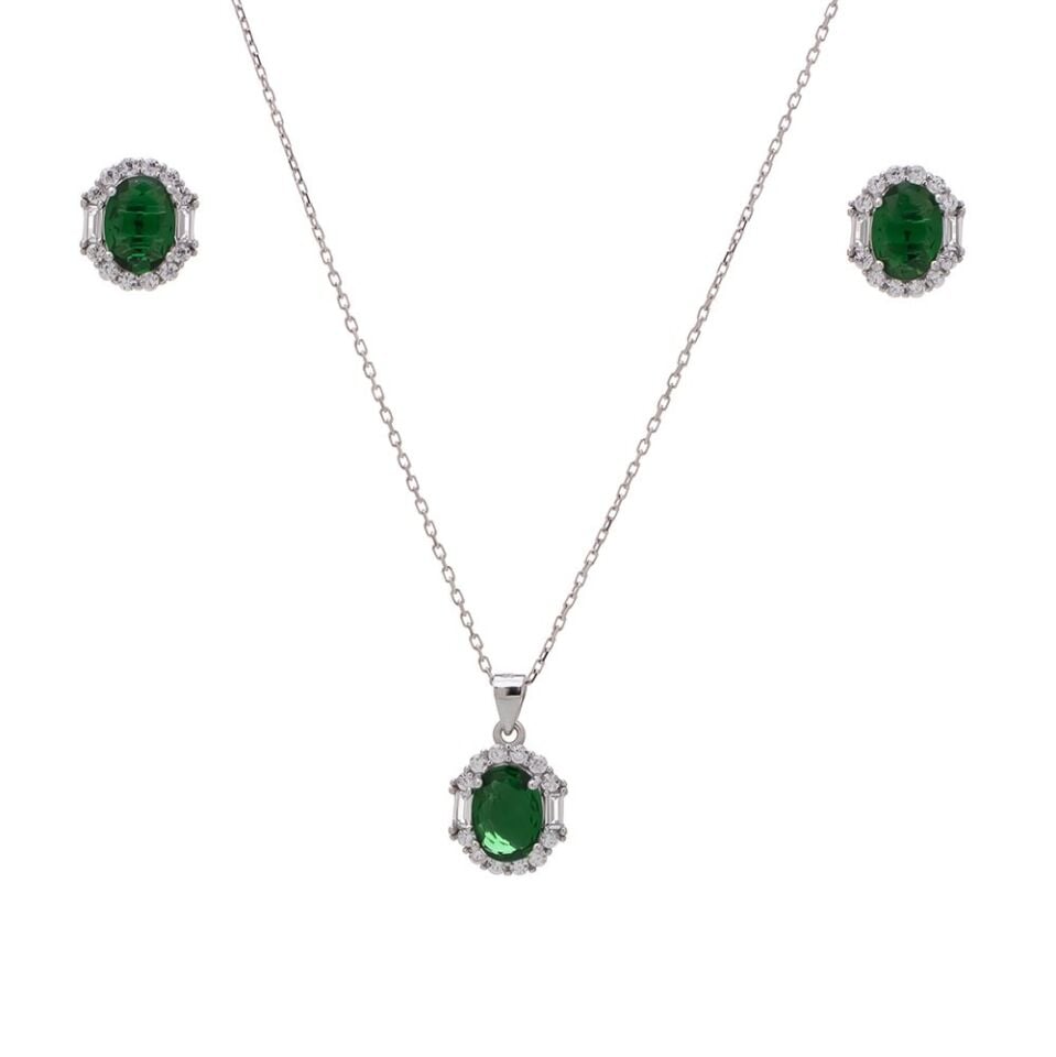 5-8 mm Yeşil Oval Zirkon Taşlı 925 Ayar Gümüş Kadın 2'li Set