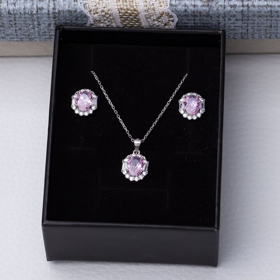 5-8 mm Pembe Oval Zirkon Taşlı 925 Ayar Gümüş Kadın 2'li Set