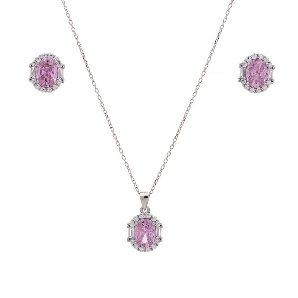 5-8 mm Pembe Oval Zirkon Taşlı 925 Ayar Gümüş Kadın 2'li Set