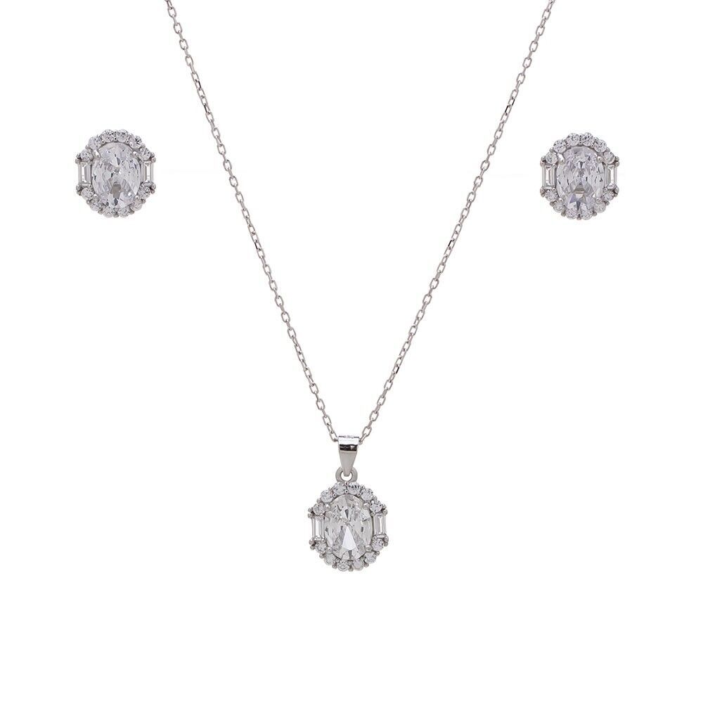 5-8 mm Oval Zirkon Taşlı 925 Ayar Gümüş Kadın 2'li Set