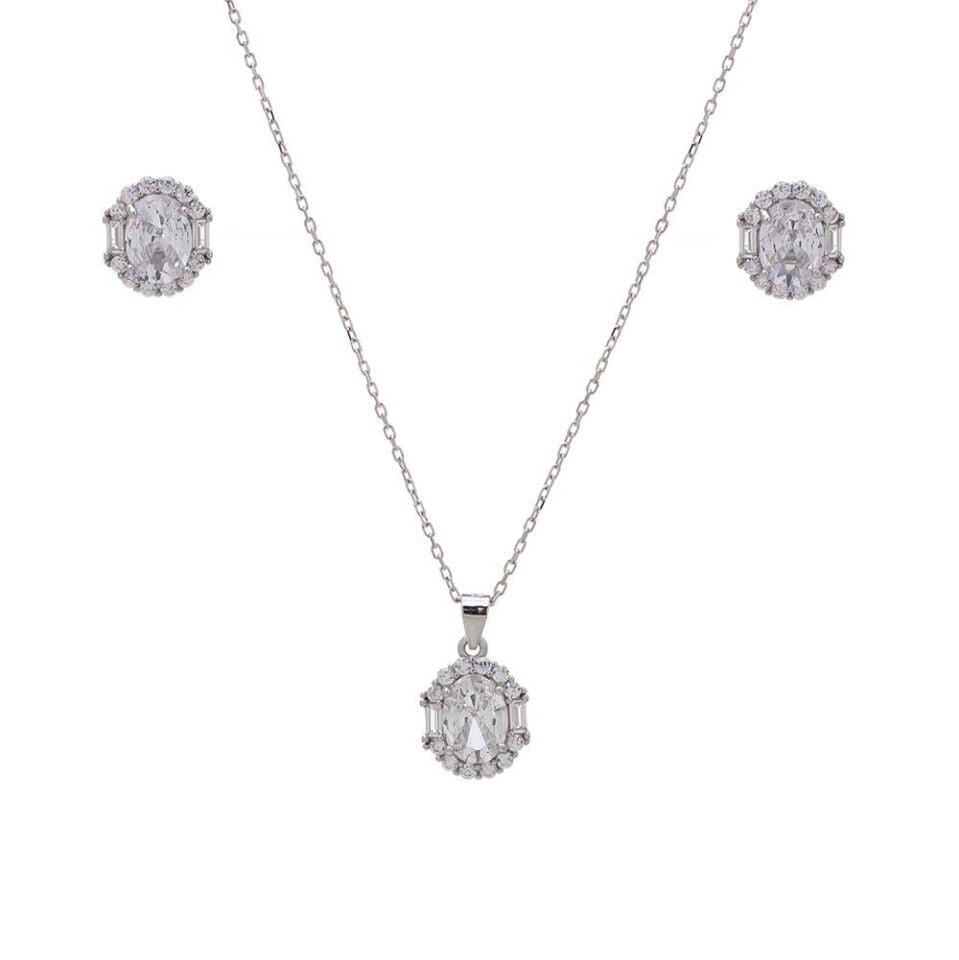 5-8 mm Oval Zirkon Taşlı 925 Ayar Gümüş Kadın 2'li Set