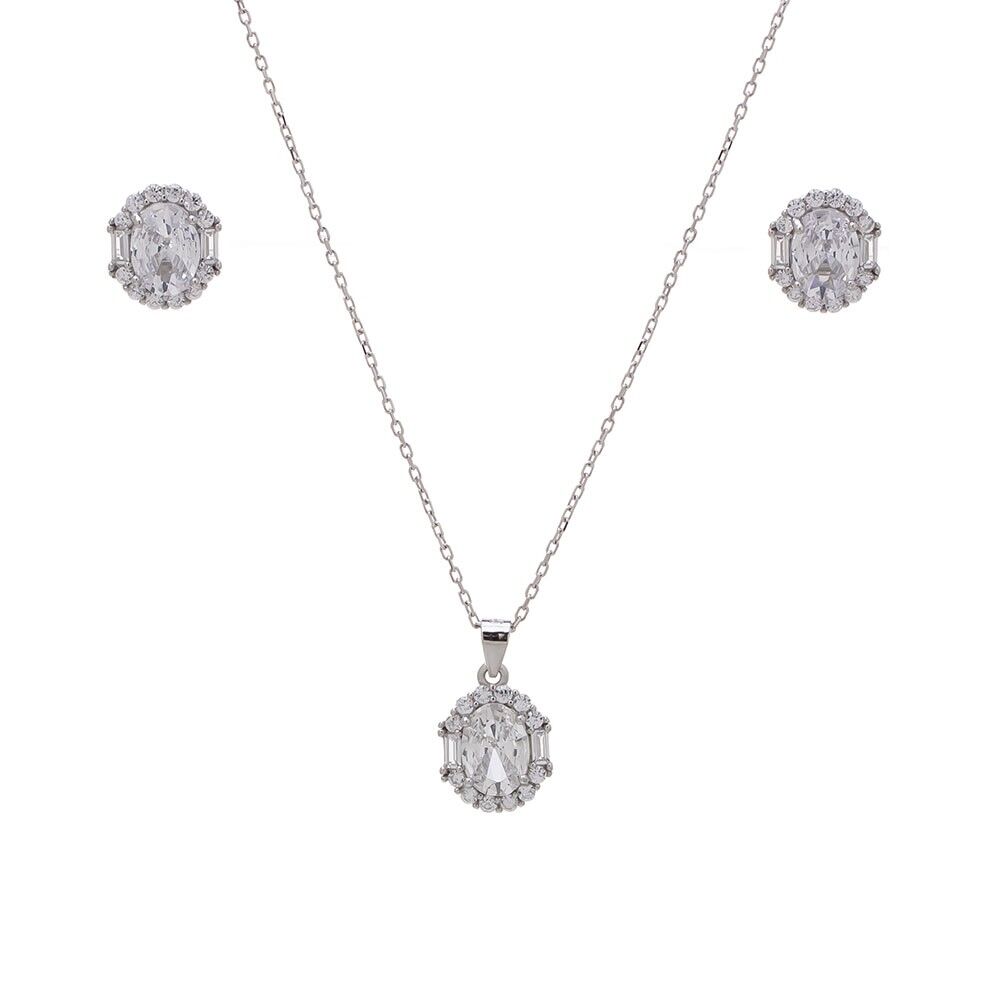 5-8 mm Oval Zirkon Taşlı 925 Ayar Gümüş Kadın 2'li Set