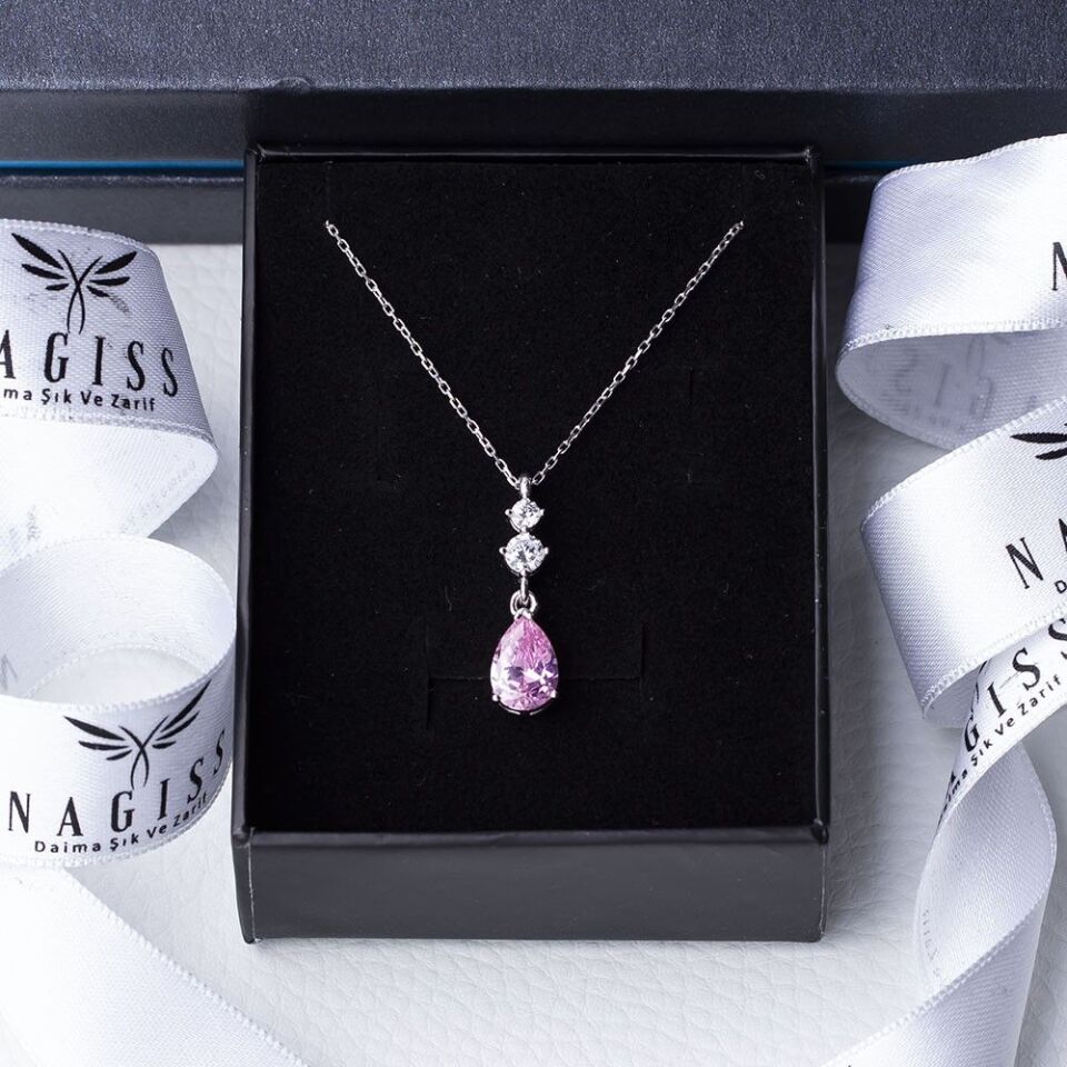 Pembe Damla Model Zirkon Taşlı 925 Ayar Gümüş Kadın Kolye