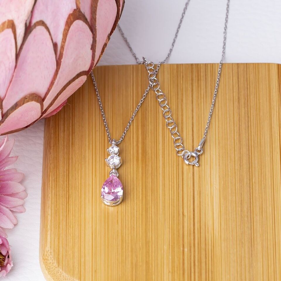 Pembe Damla Model Zirkon Taşlı 925 Ayar Gümüş Kadın Kolye