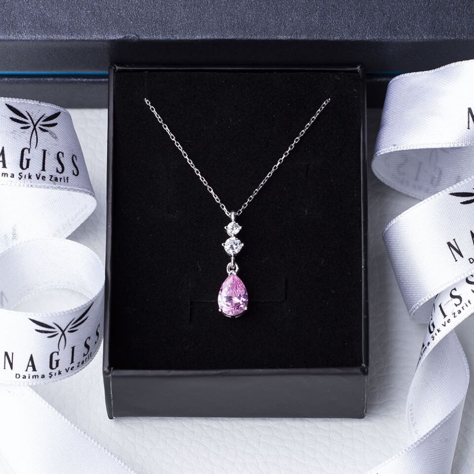 Pembe Damla Model Zirkon Taşlı 925 Ayar Gümüş Kadın Kolye