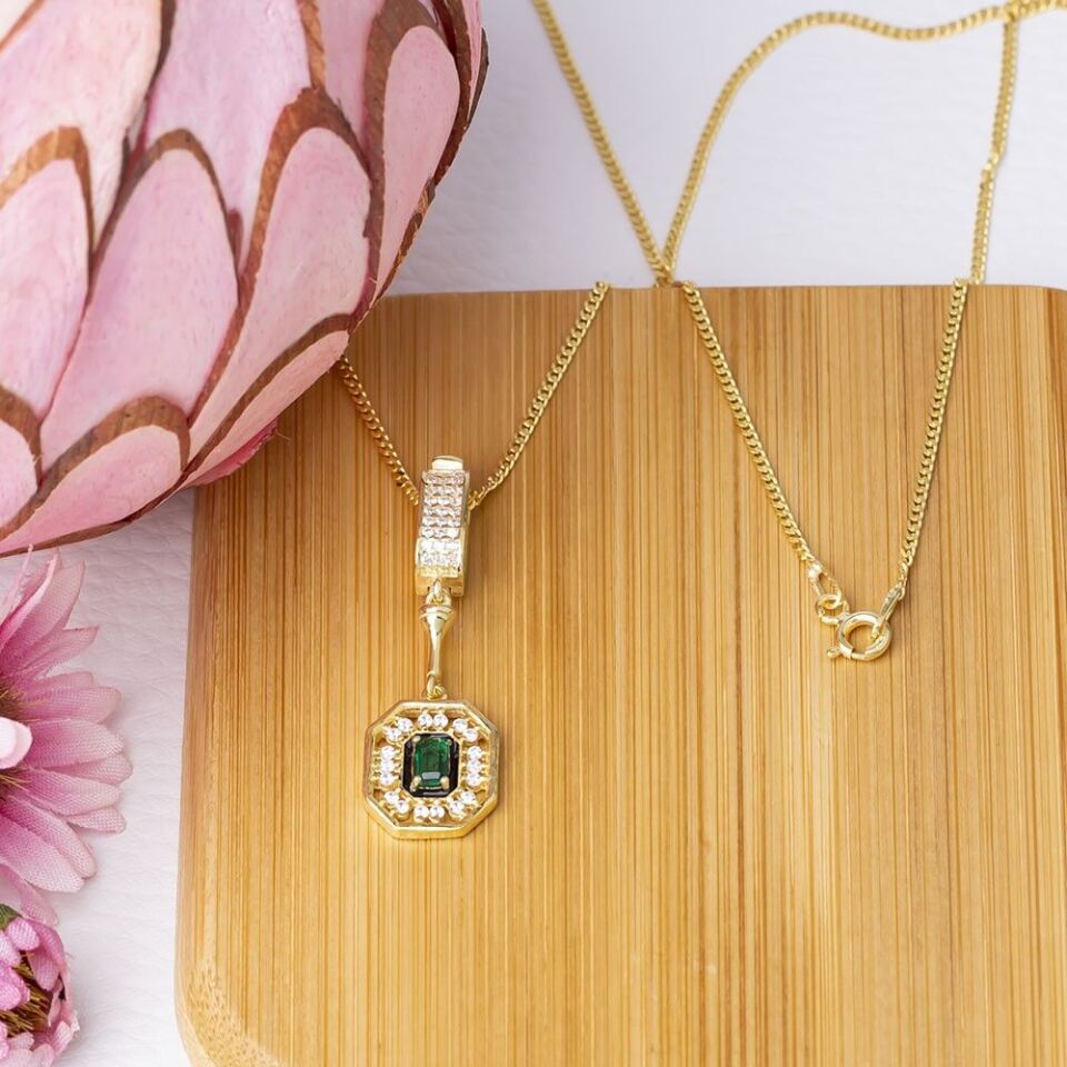 3-5 mm Baget Yeşil Zirkon Taşlı 925 Ayar Gümüş Gold Rengi Kadın Kolye