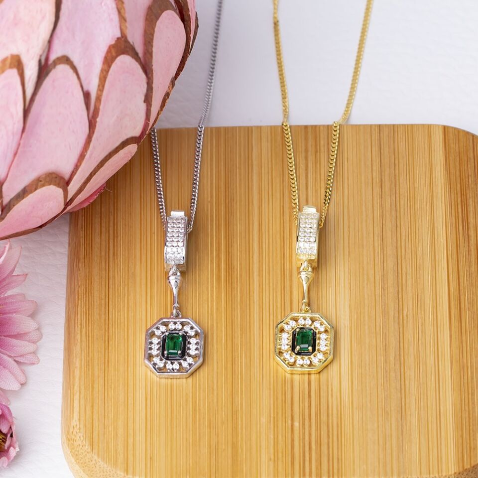 3-5 mm Baget Yeşil Zirkon Taşlı 925 Ayar Gümüş Kadın Kolye