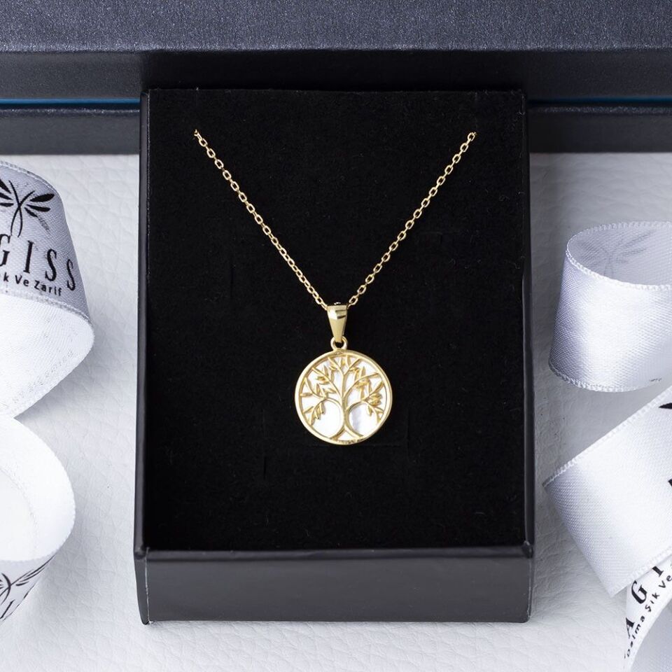 Hayat Ağacı Sedef Taşlı 925 Ayar Gümüş Gold Rengi Kadın Kolye