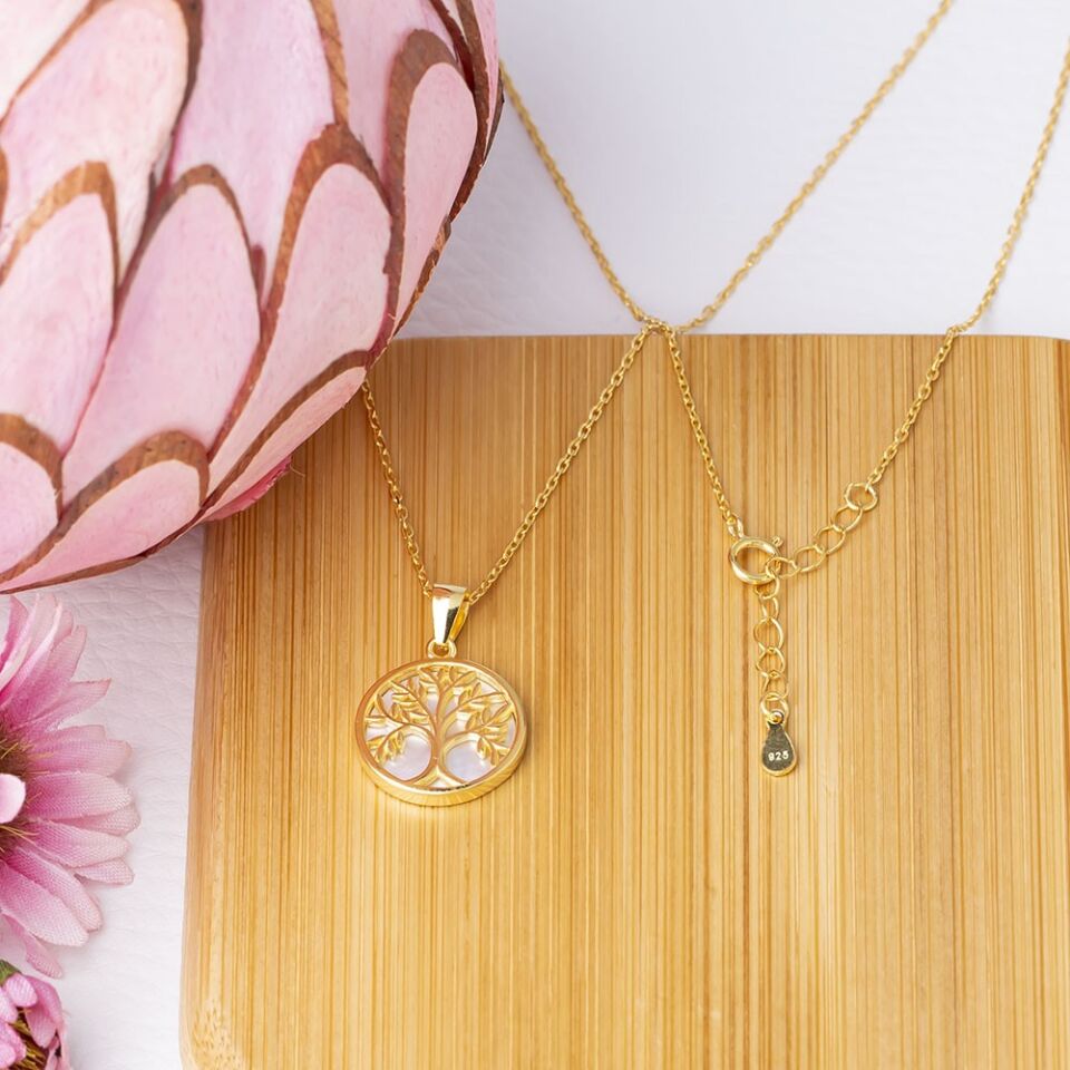 Hayat Ağacı Sedef Taşlı 925 Ayar Gümüş Gold Rengi Kadın Kolye