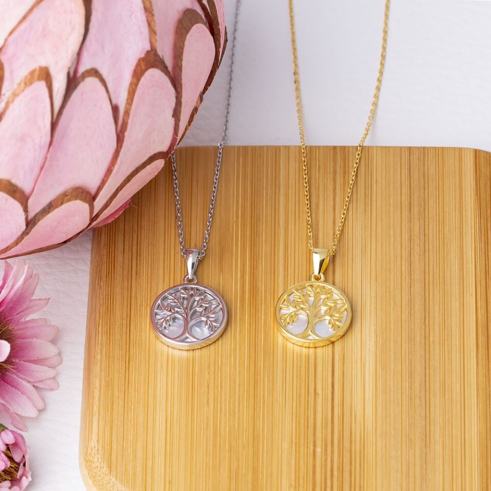 Hayat Ağacı Sedef Taşlı 925 Ayar Gümüş Gold Rengi Kadın Kolye