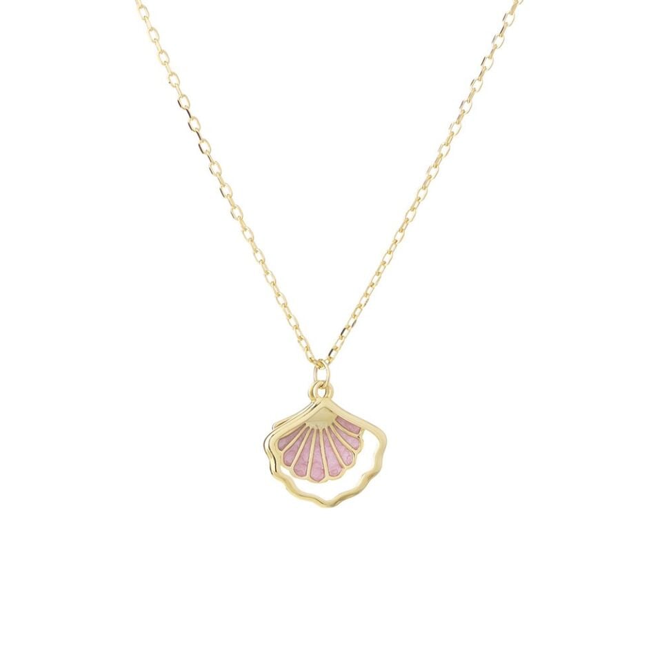 Deniz Kabuğu Model Pembe Mineli Gold Rengi 925 Ayar Gümüş Kadın Kolye