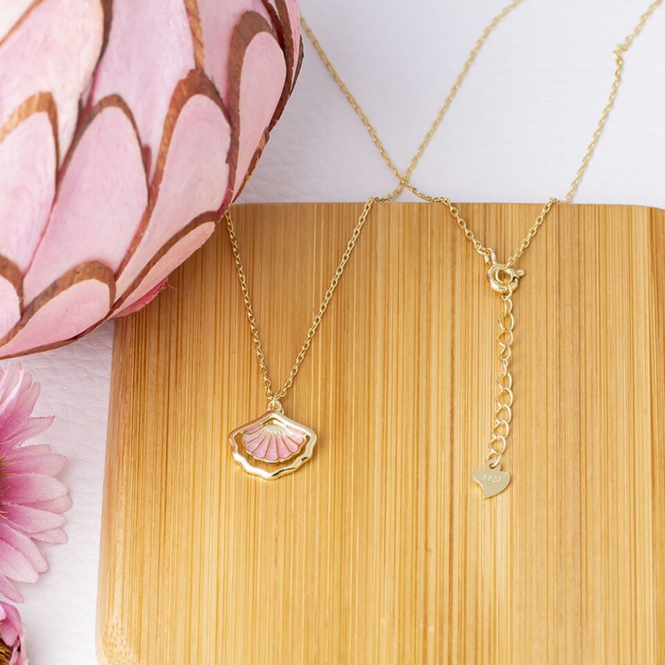 Deniz Kabuğu Model Pembe Mineli Gold Rengi 925 Ayar Gümüş Kadın Kolye