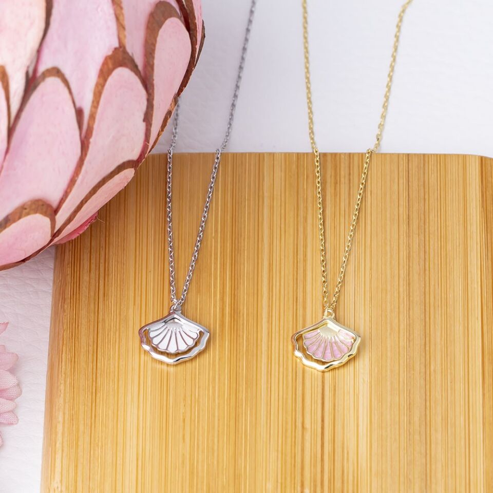 Deniz Kabuğu Model Pembe Mineli Gold Rengi 925 Ayar Gümüş Kadın Kolye