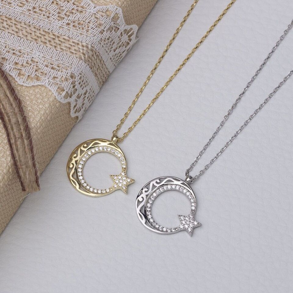Ayyıldız Zirkon Taşlı Otantik Desenli Gold Rengi 925 Ayar Gümüş Kadın Kolye