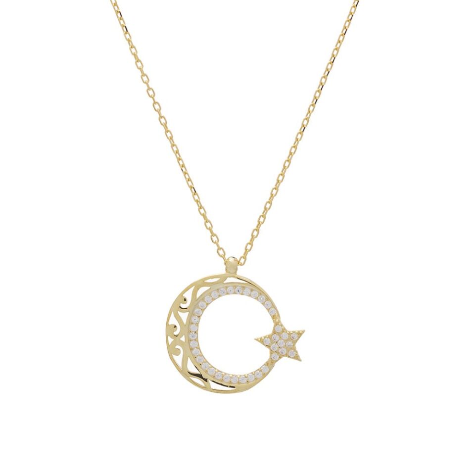Ayyıldız Zirkon Taşlı Otantik Desenli Gold Rengi 925 Ayar Gümüş Kadın Kolye