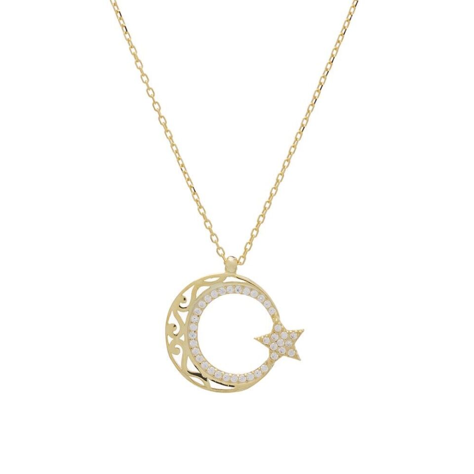 Ayyıldız Zirkon Taşlı Otantik Desenli Gold Rengi 925 Ayar Gümüş Kadın Kolye
