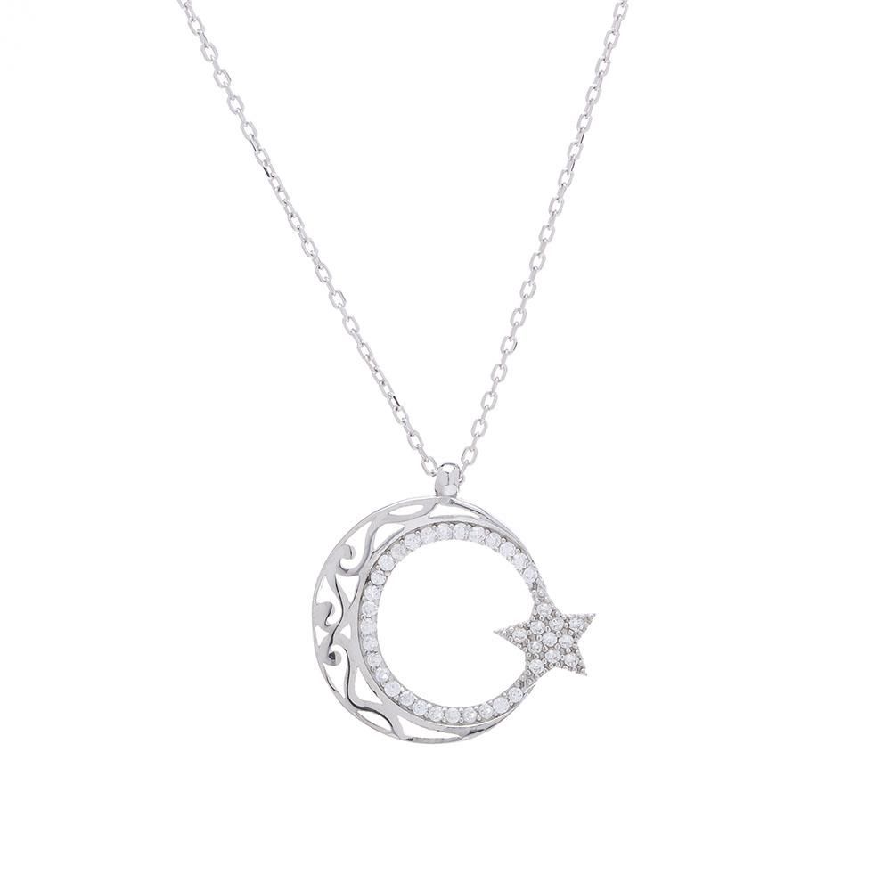 Ayyıldız Zirkon Taşlı Otantik Desenli 925 Ayar Gümüş Kadın Kolye