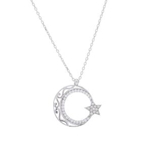 Ayyıldız Zirkon Taşlı Otantik Desenli 925 Ayar Gümüş Kadın Kolye