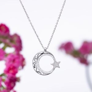 Ayyıldız Zirkon Taşlı Otantik Desenli 925 Ayar Gümüş Kadın Kolye