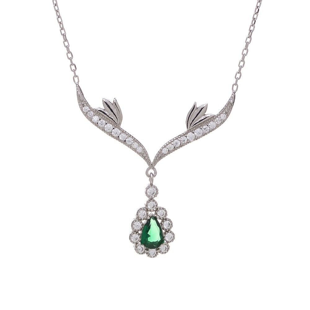 Yeşil Damla Zirkon Taşlı 925 Ayar Gümüş Melek Kanatlı Model Kadın Kolye