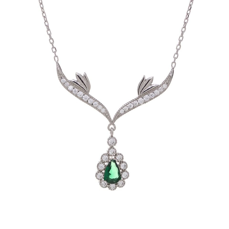 Yeşil Damla Zirkon Taşlı 925 Ayar Gümüş Melek Kanatlı Model Kadın Kolye
