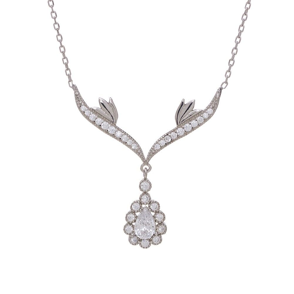 Şeffaf Damla Zirkon Taşlı 925 Ayar Gümüş Melek Kanatlı Model Kadın Kolye