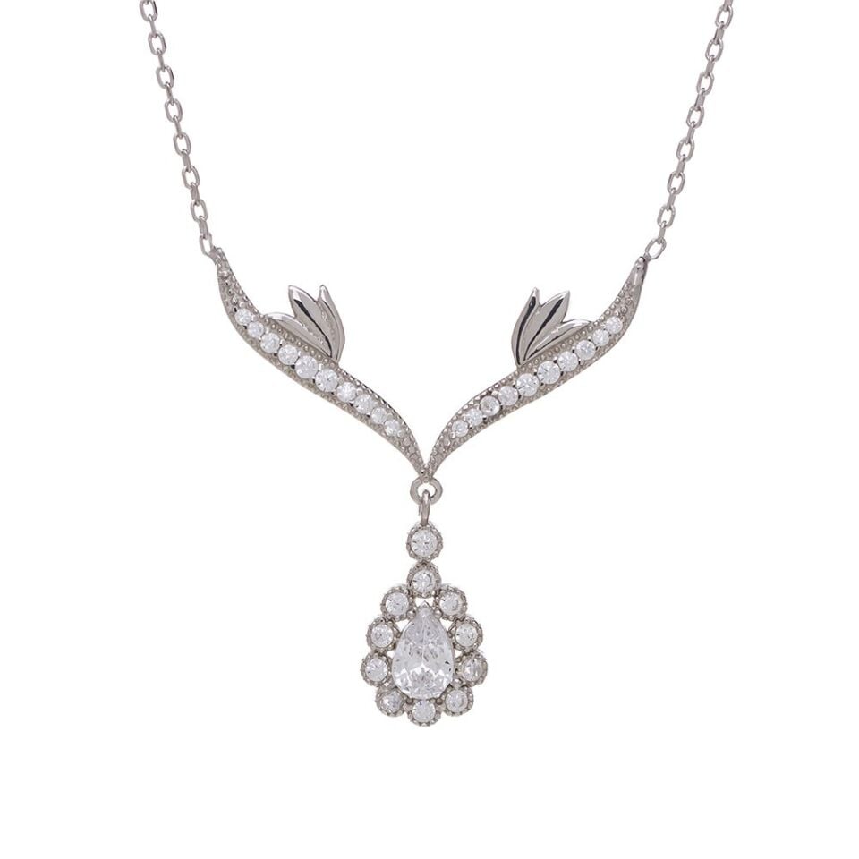 Şeffaf Damla Zirkon Taşlı 925 Ayar Gümüş Melek Kanatlı Model Kadın Kolye