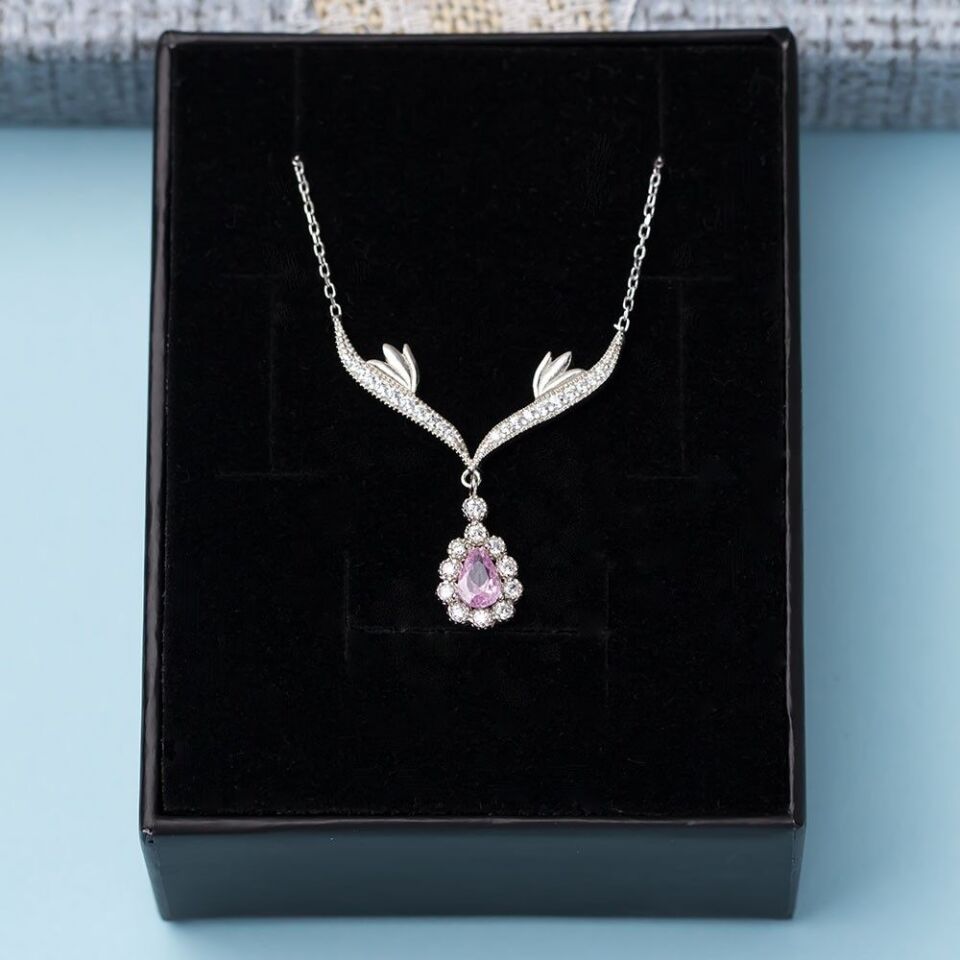 Pembe Damla Zirkon Taşlı 925 Ayar Gümüş Melek Kanatlı Model Kadın Kolye