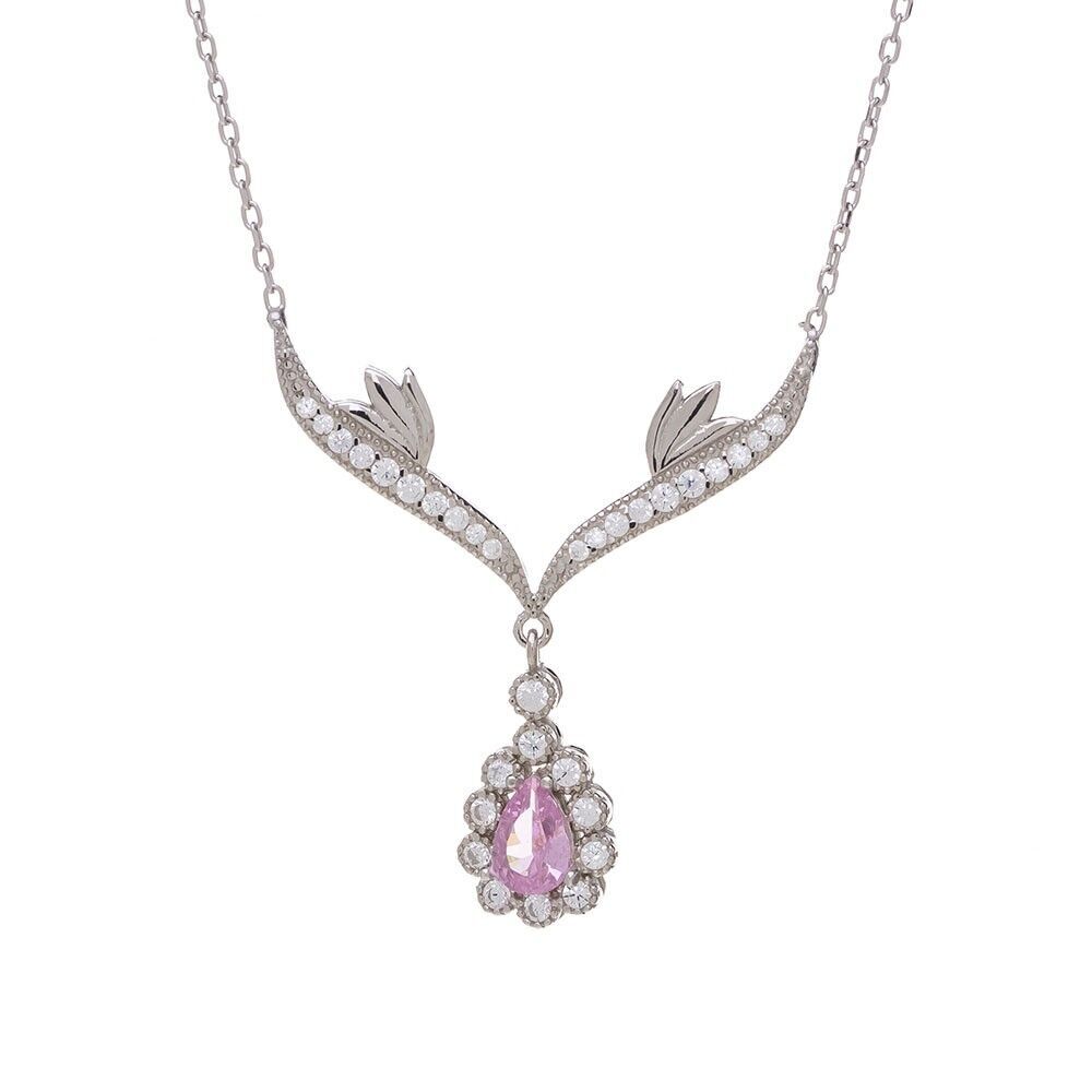 Pembe Damla Zirkon Taşlı 925 Ayar Gümüş Melek Kanatlı Model Kadın Kolye