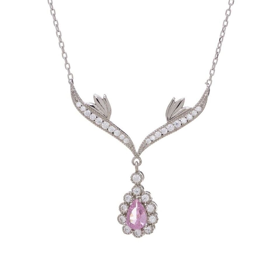 Pembe Damla Zirkon Taşlı 925 Ayar Gümüş Melek Kanatlı Model Kadın Kolye