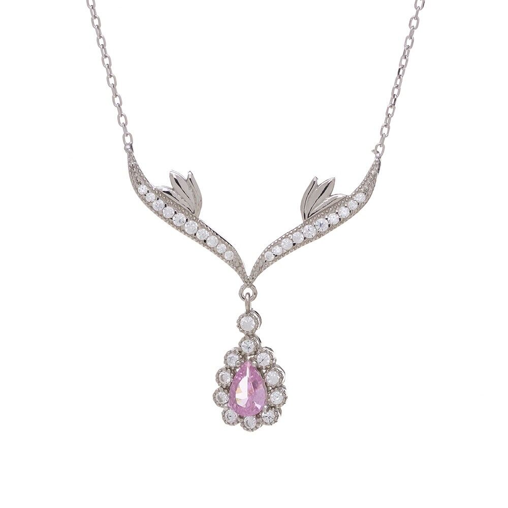 Pembe Damla Zirkon Taşlı 925 Ayar Gümüş Melek Kanatlı Model Kadın Kolye