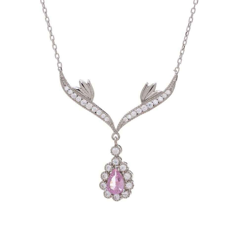 Pembe Damla Zirkon Taşlı 925 Ayar Gümüş Melek Kanatlı Model Kadın Kolye