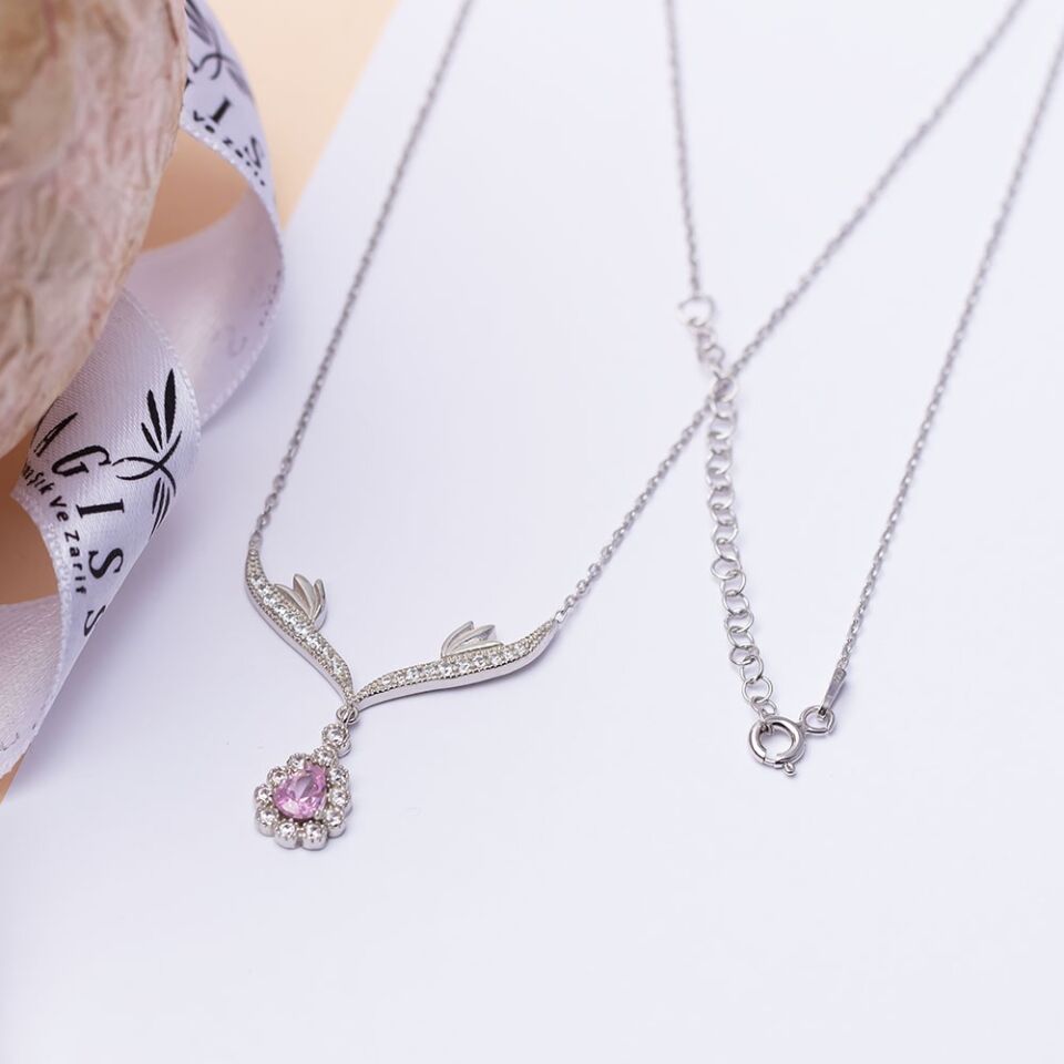 Pembe Damla Zirkon Taşlı 925 Ayar Gümüş Melek Kanatlı Model Kadın Kolye