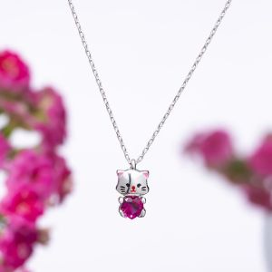Kedi Pembe Zirkon Taşlı 925 Ayar Gümüş Kadın Kolye