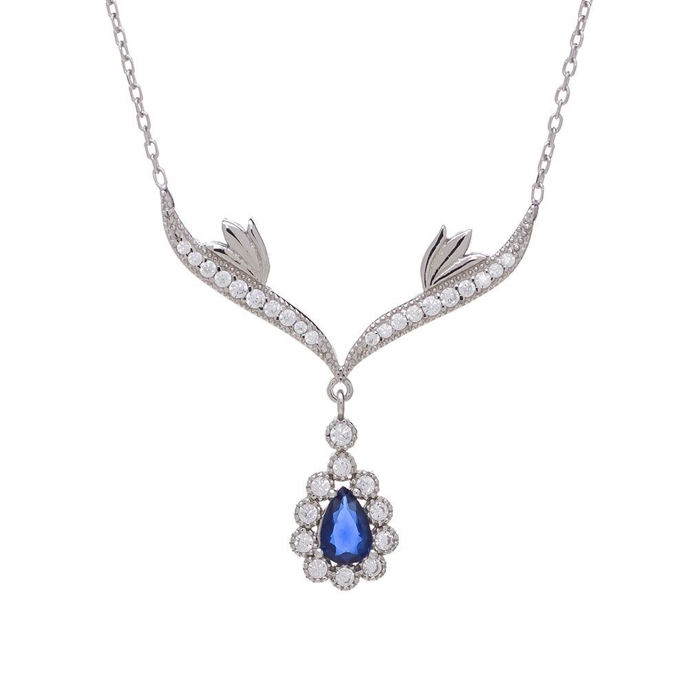 Lacivert Damla Zirkon Taşlı 925 Ayar Gümüş Melek Kanatlı Model Kadın Kolye