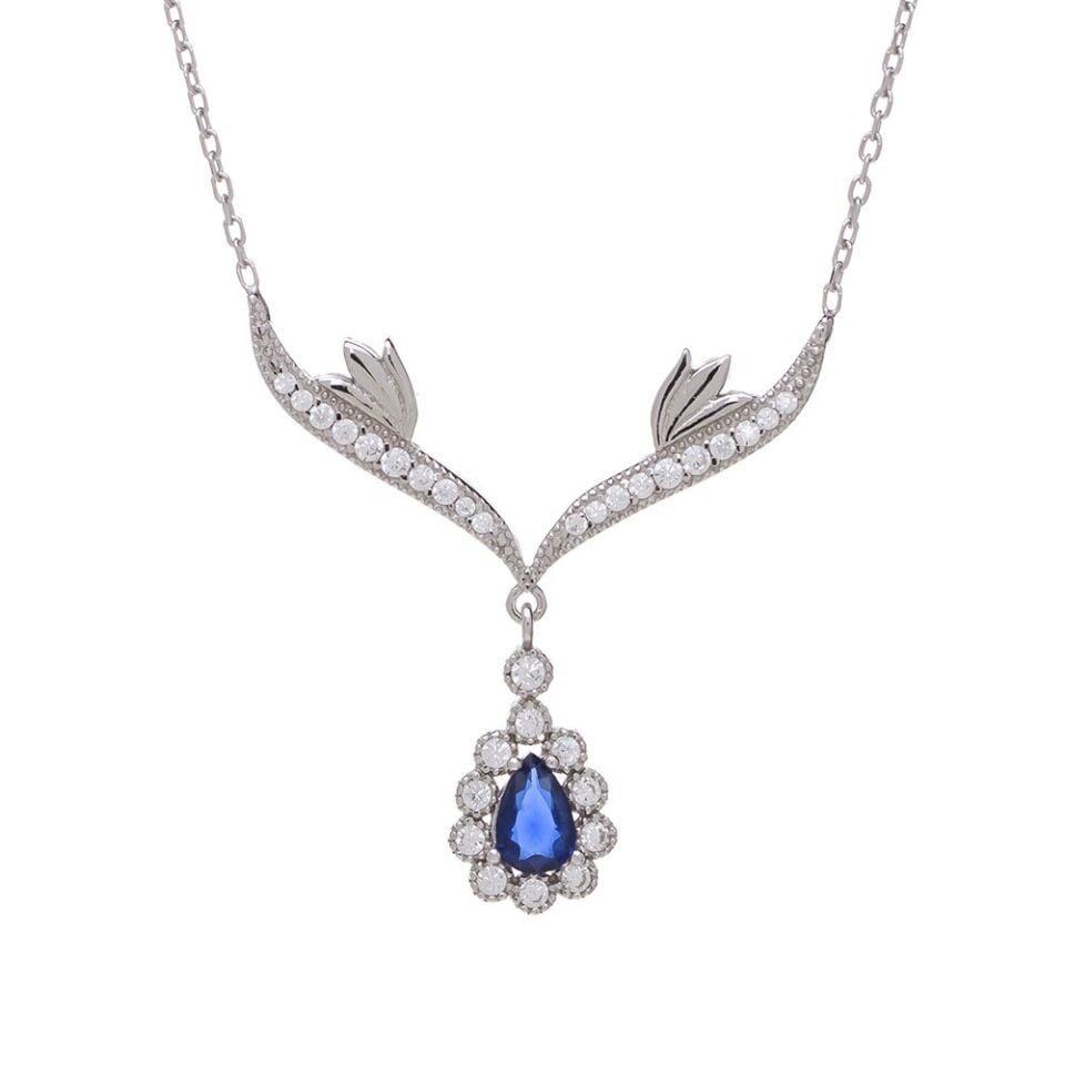 Lacivert Damla Zirkon Taşlı 925 Ayar Gümüş Melek Kanatlı Model Kadın Kolye