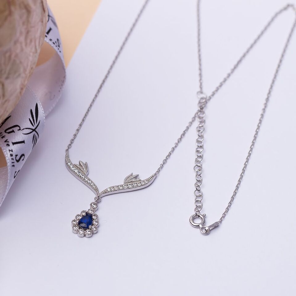 Lacivert Damla Zirkon Taşlı 925 Ayar Gümüş Melek Kanatlı Model Kadın Kolye
